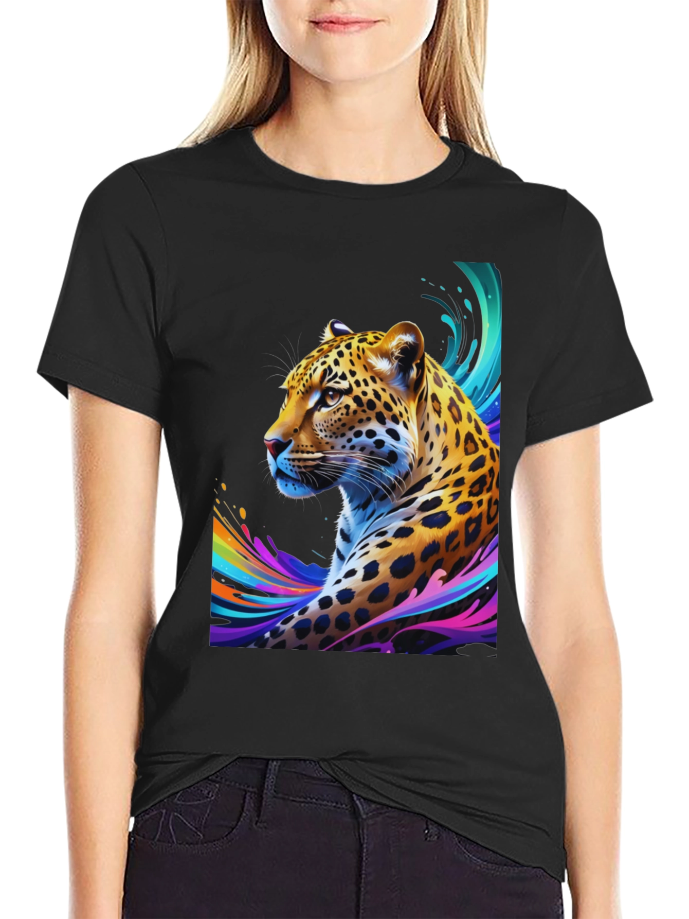 Vibrant Leopard Graphic Tee - Stylish Mens Black T-Shirt