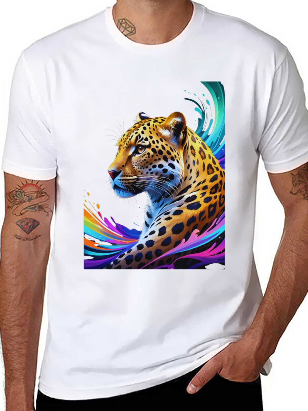 Vibrant Leopard Graphic Tee - Stylish Mens Black T-Shirt