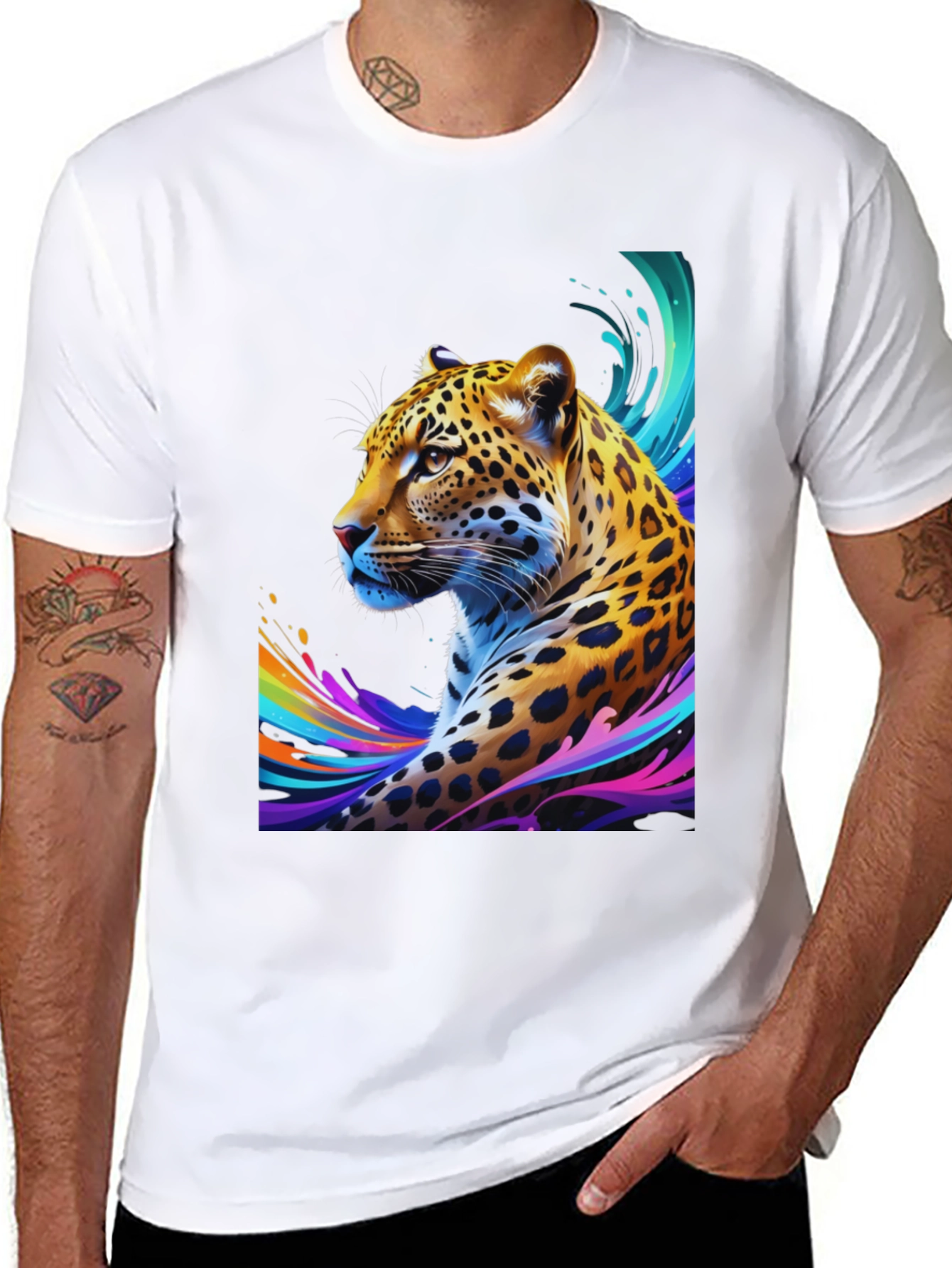 Vibrant Leopard Graphic Tee - Stylish Mens Black T-Shirt