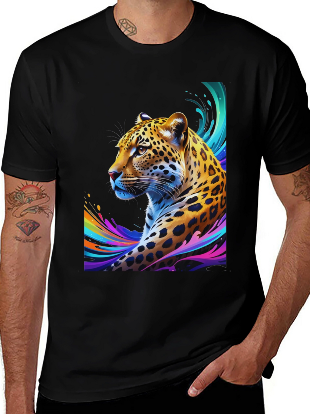 Vibrant Leopard Graphic Tee - Stylish Mens Black T-Shirt