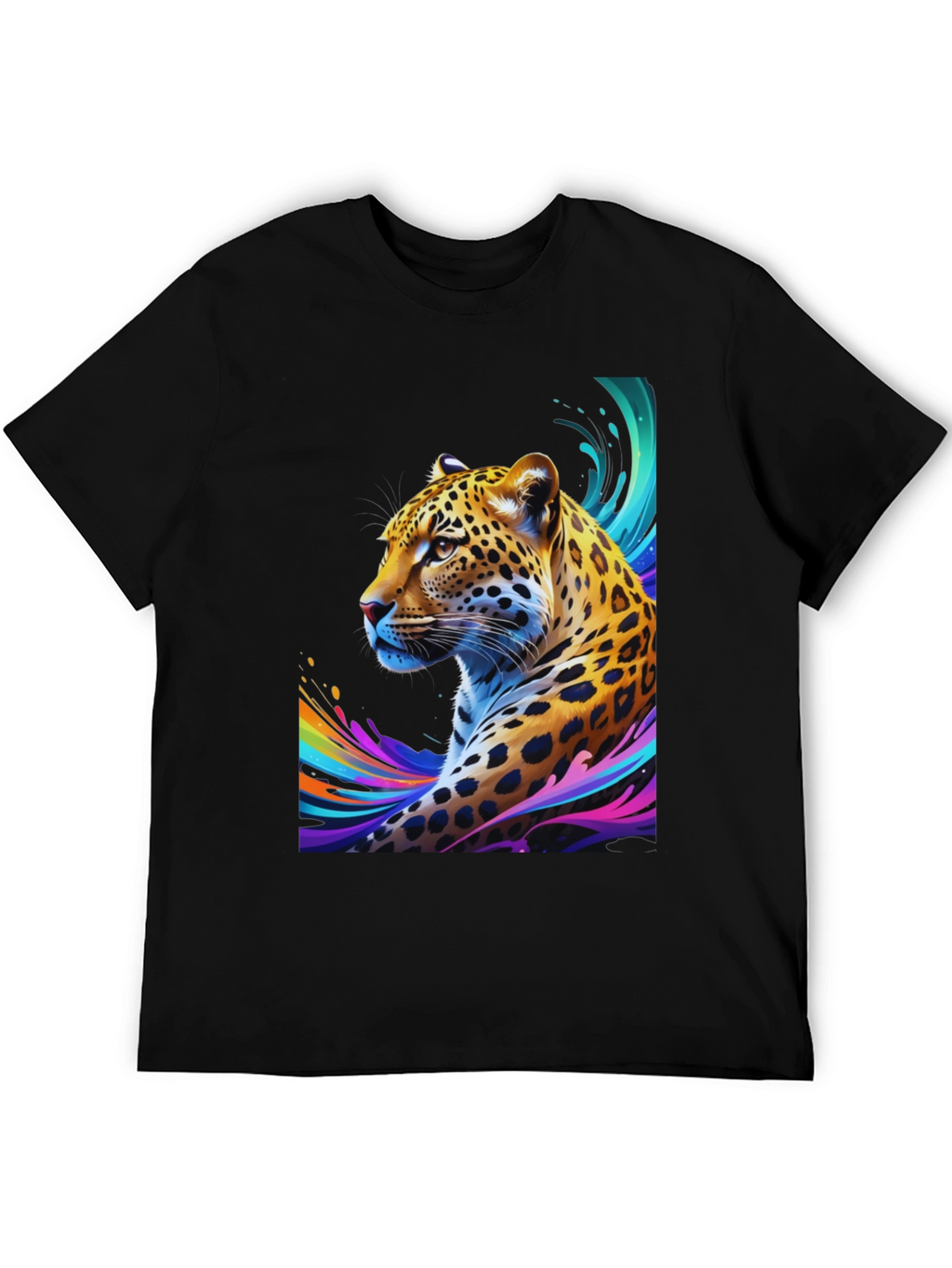 Vibrant Leopard Graphic Tee - Stylish Mens Black T-Shirt