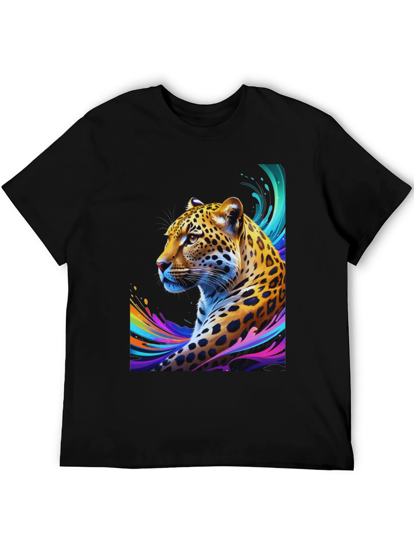 Vibrant Leopard Graphic Tee - Stylish Mens Black T-Shirt