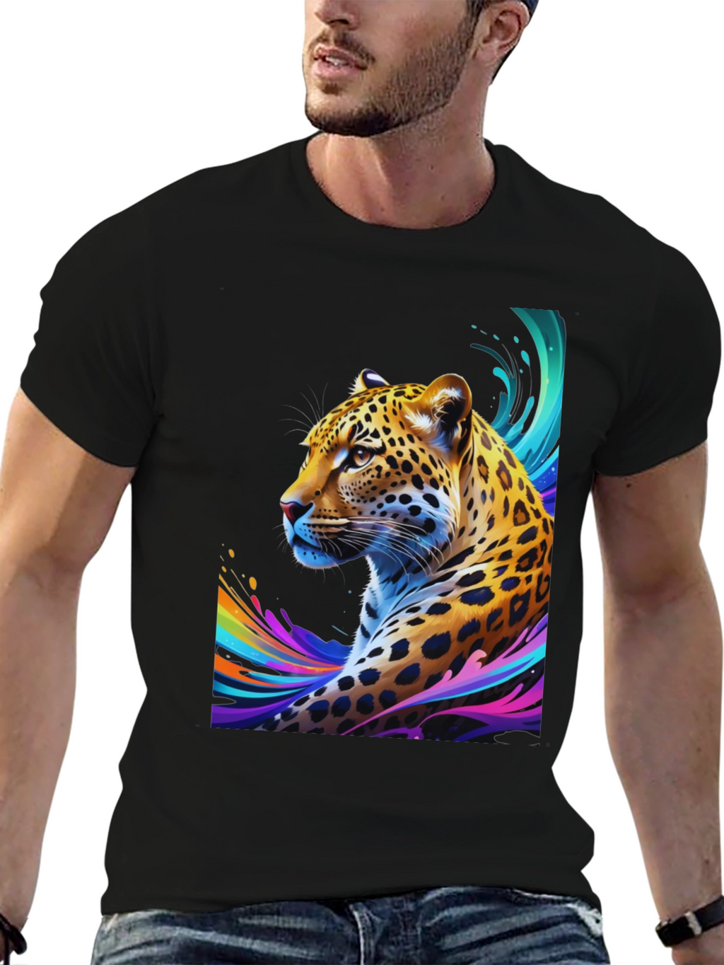 Vibrant Leopard Graphic Tee - Stylish Mens Black T-Shirt