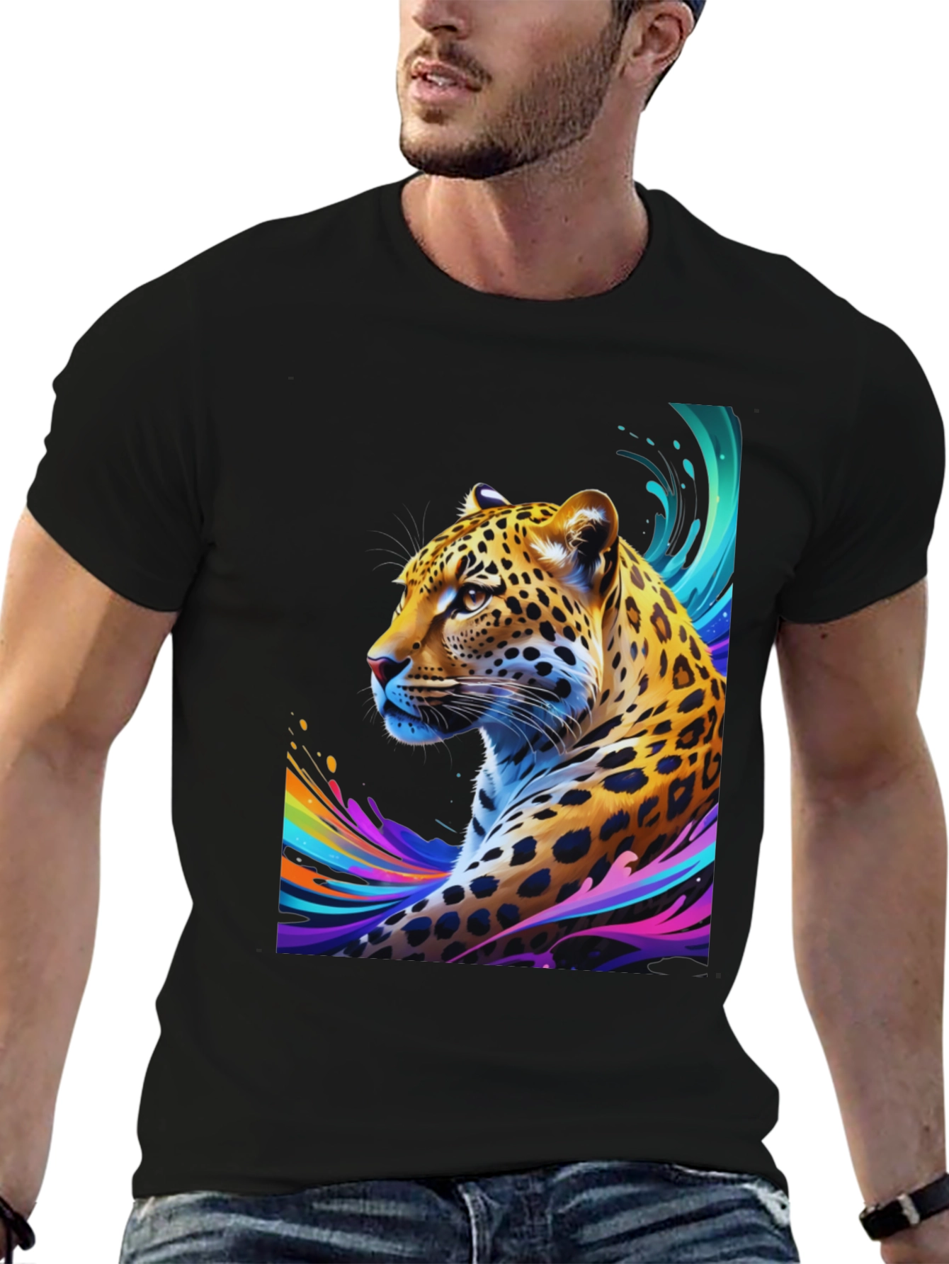 Vibrant Leopard Graphic Tee - Stylish Mens Black T-Shirt