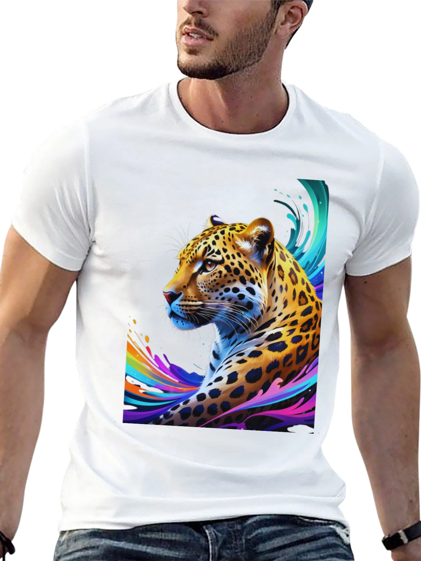 Vibrant Leopard Graphic Tee - Stylish Mens Black T-Shirt