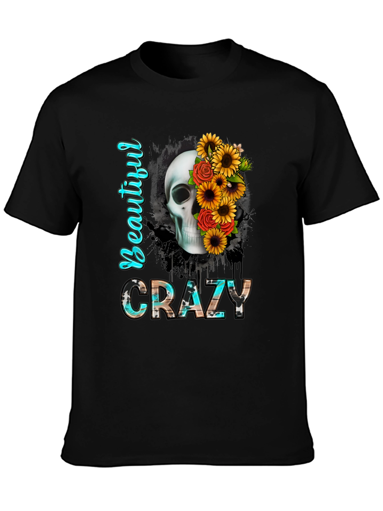 Beautiful Crazy Skull & Flowers Graphic Tee