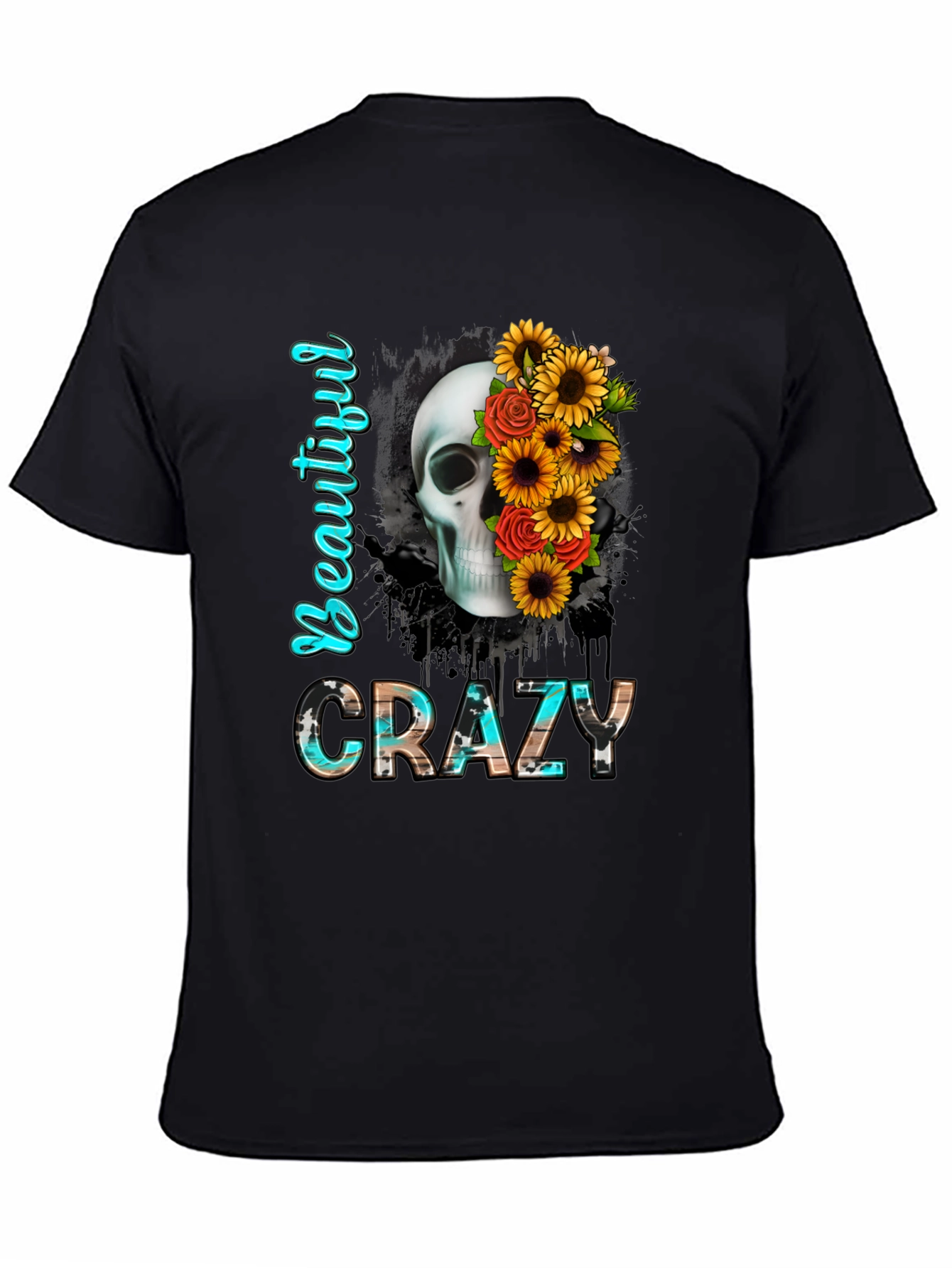 Beautiful Crazy Skull & Flowers Graphic Tee