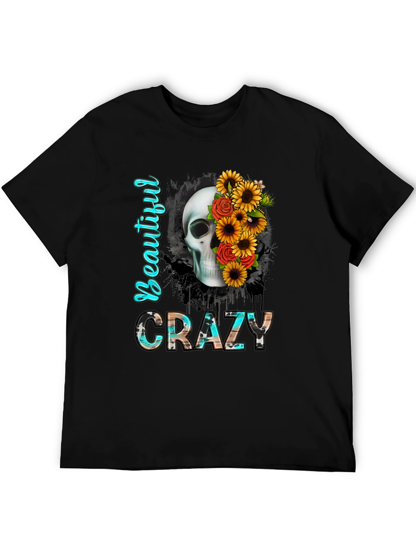 Beautiful Crazy Skull & Flowers Graphic Tee