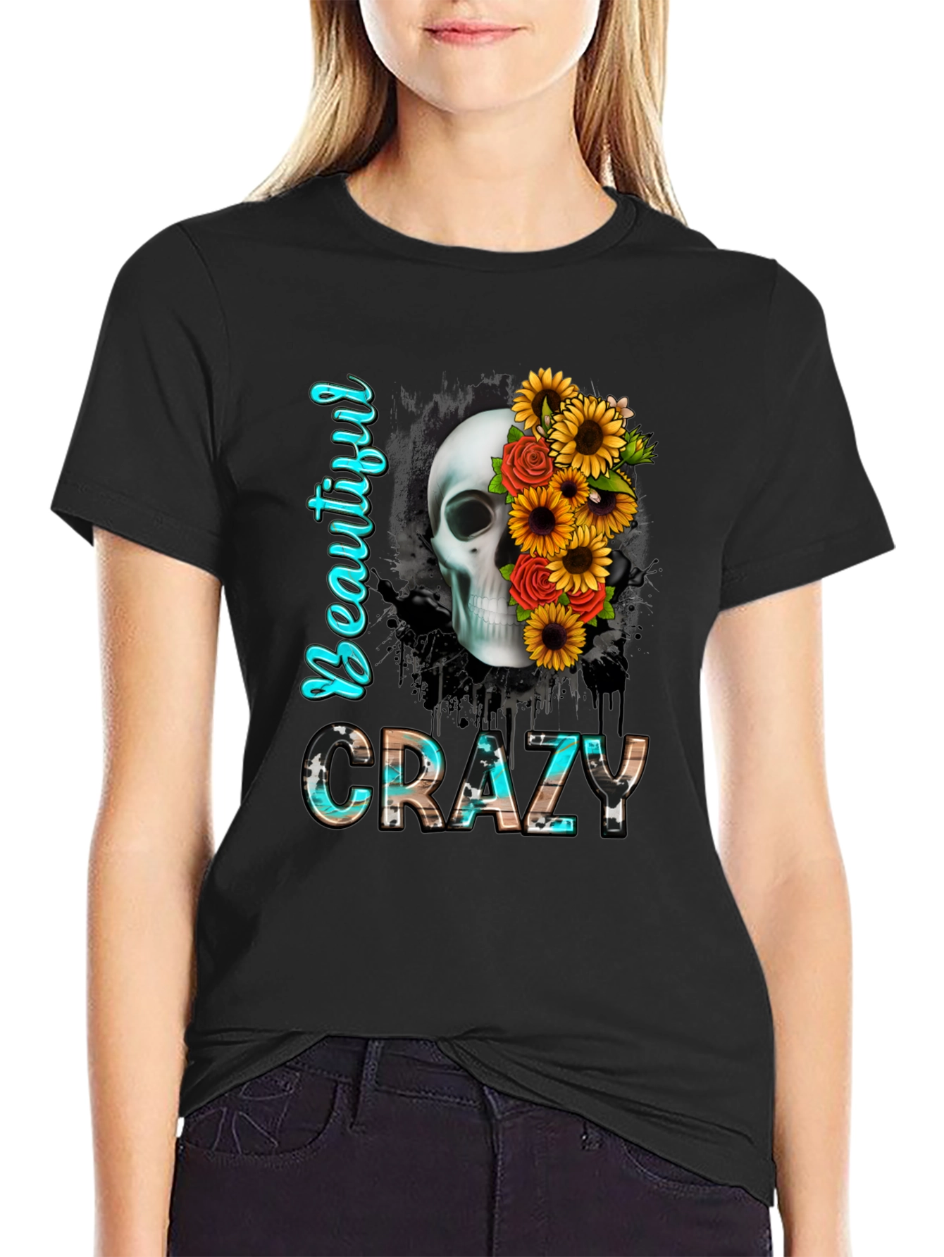 Beautiful Crazy Skull & Flowers Graphic Tee