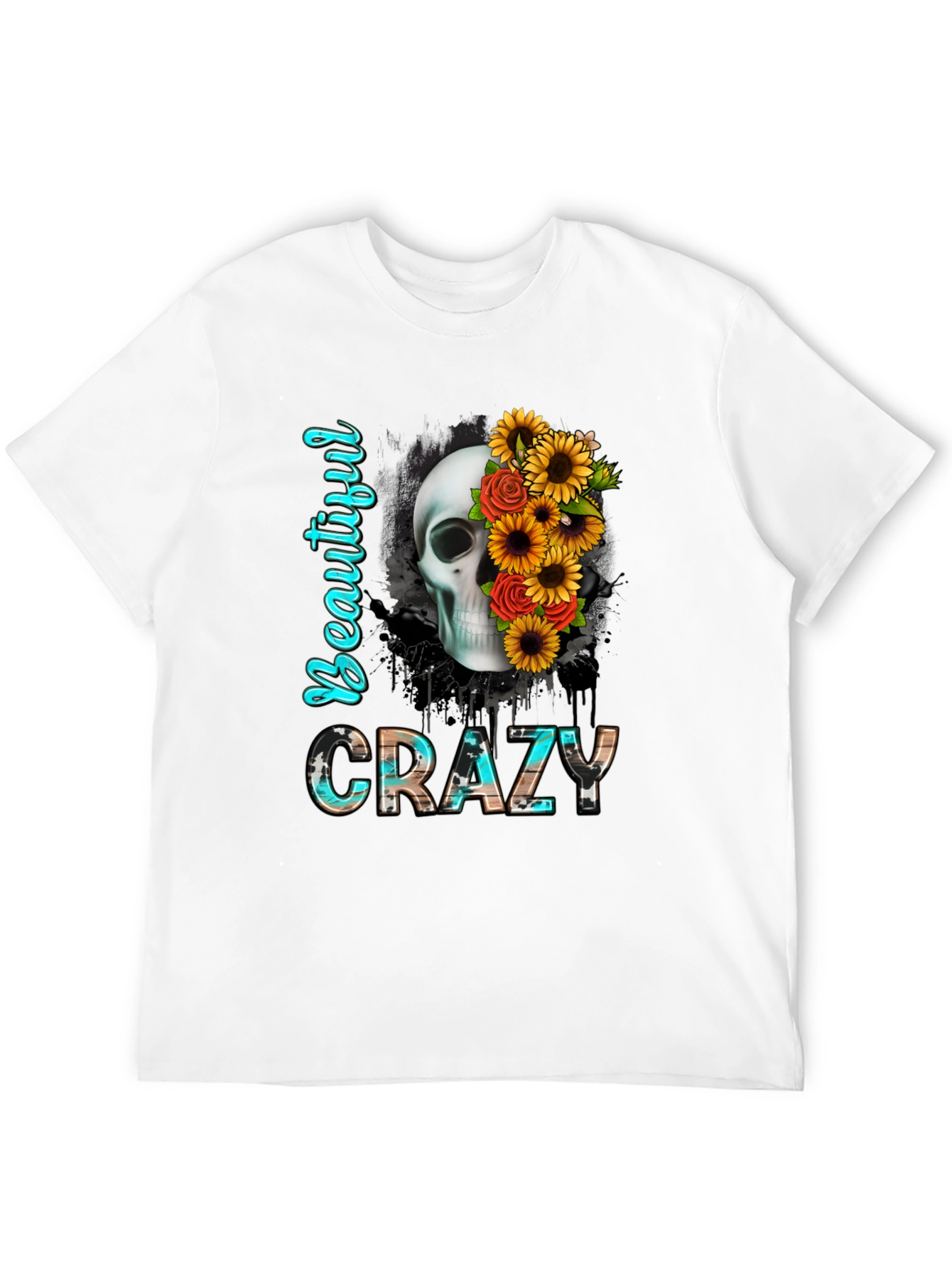 Beautiful Crazy Skull & Flowers Graphic Tee