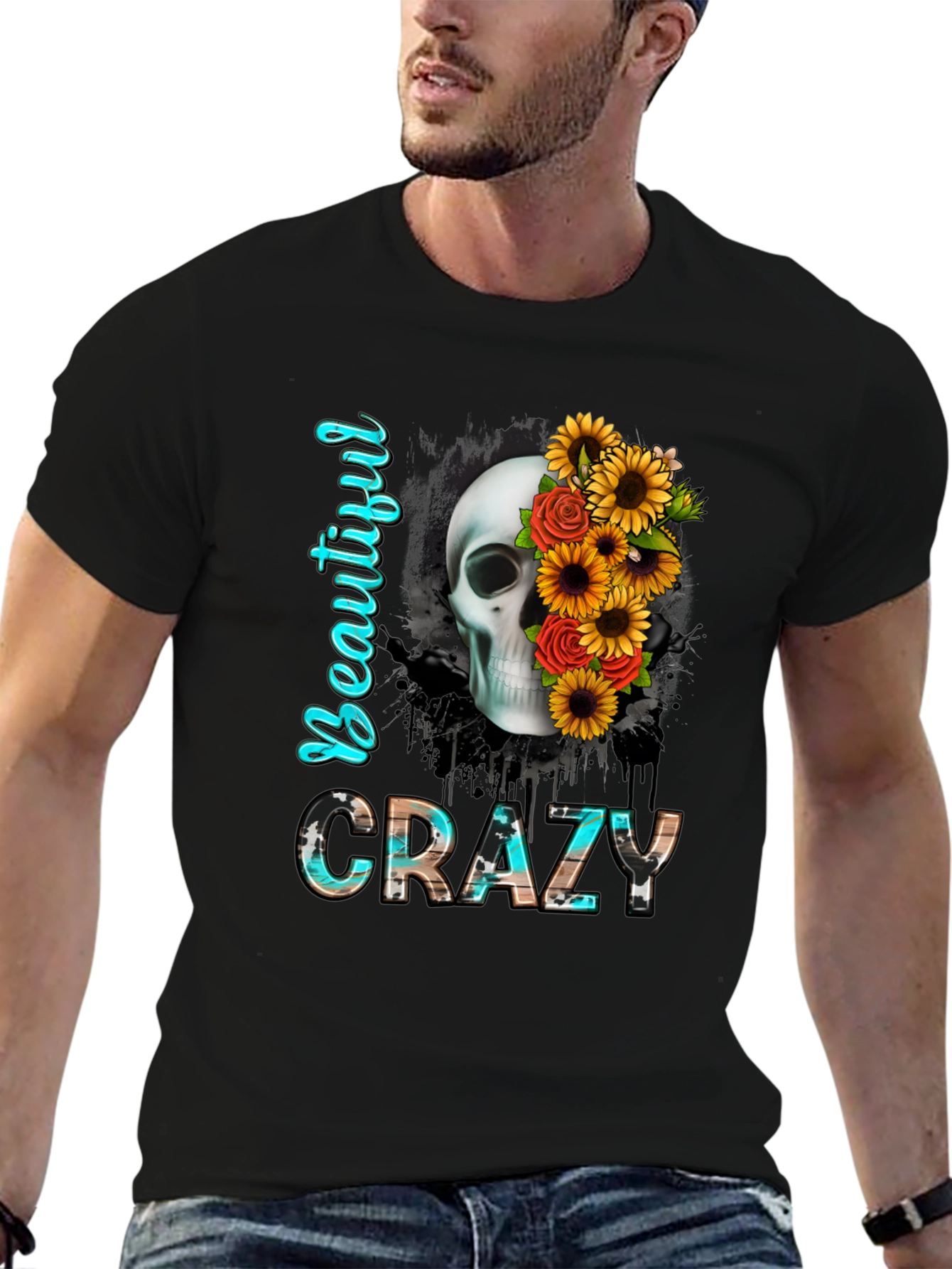 Beautiful Crazy Skull & Flowers Graphic Tee