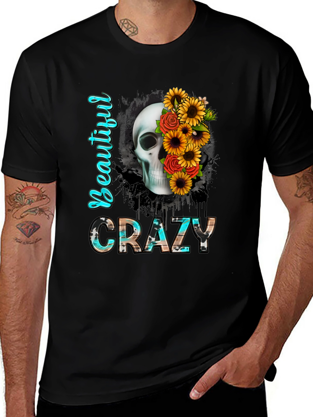 Beautiful Crazy Skull & Flowers Graphic Tee