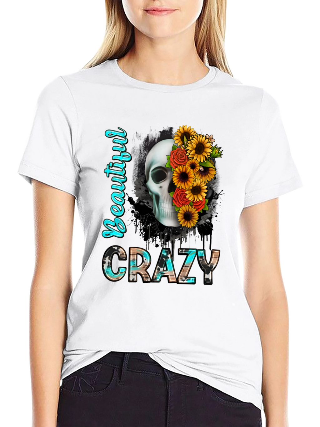 Beautiful Crazy Skull & Flowers Graphic Tee