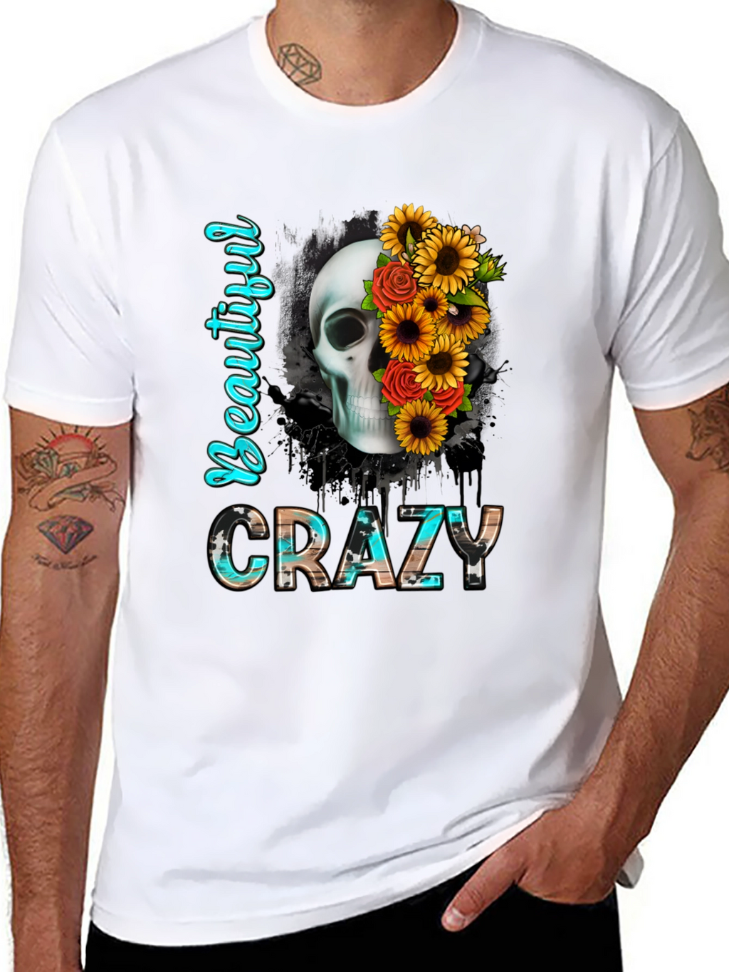 Beautiful Crazy Skull & Flowers Graphic Tee
