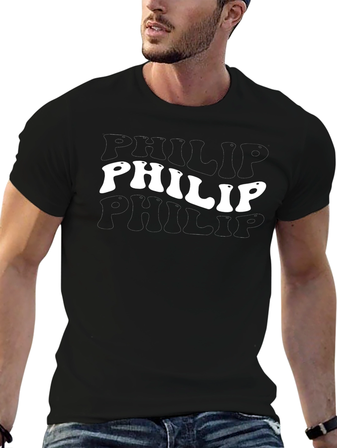 Retro Philip Graphic Tee - Black Cotton Casual T-Shirt