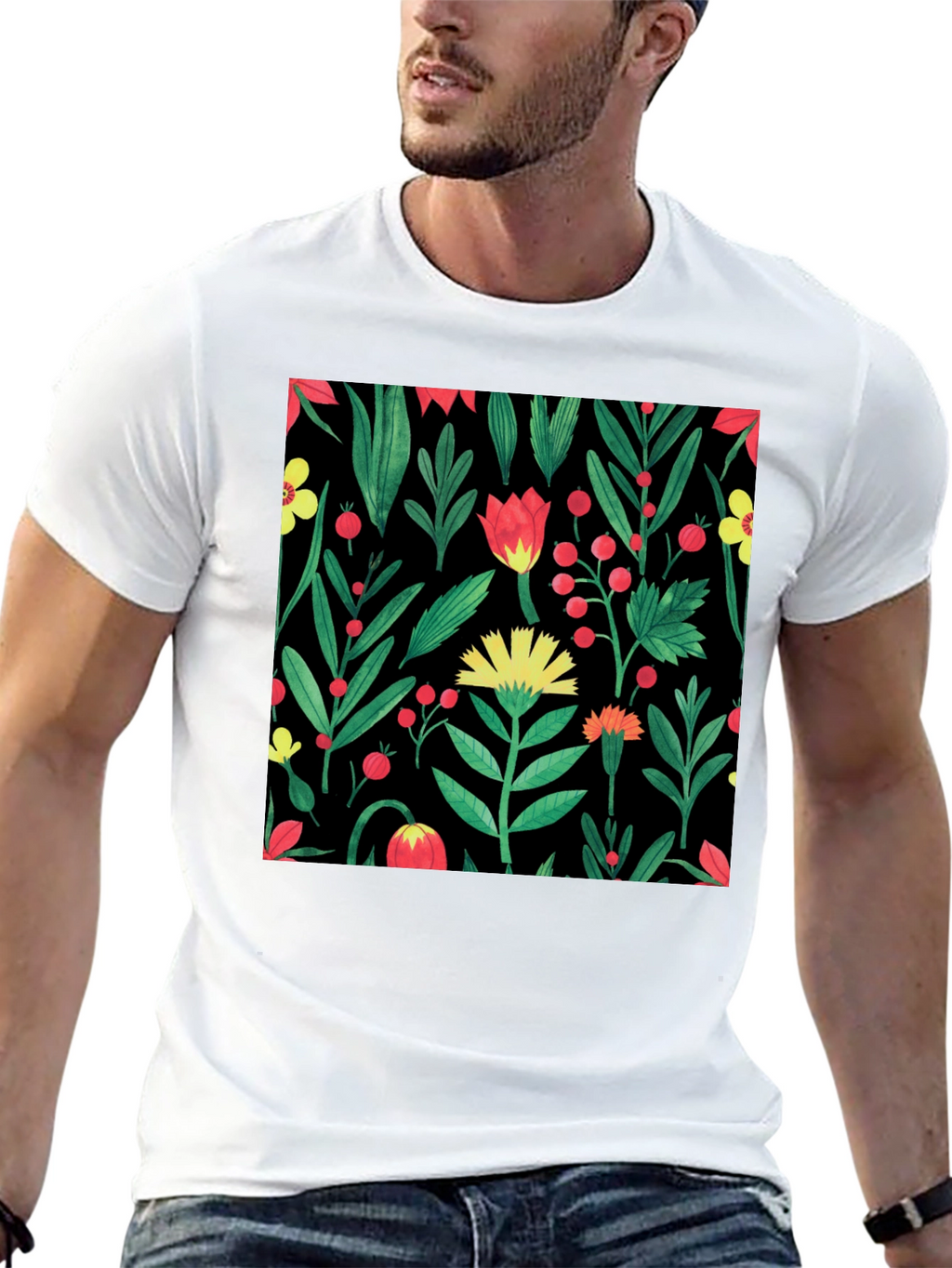 Floral Print Crew Neck T-Shirt - Black