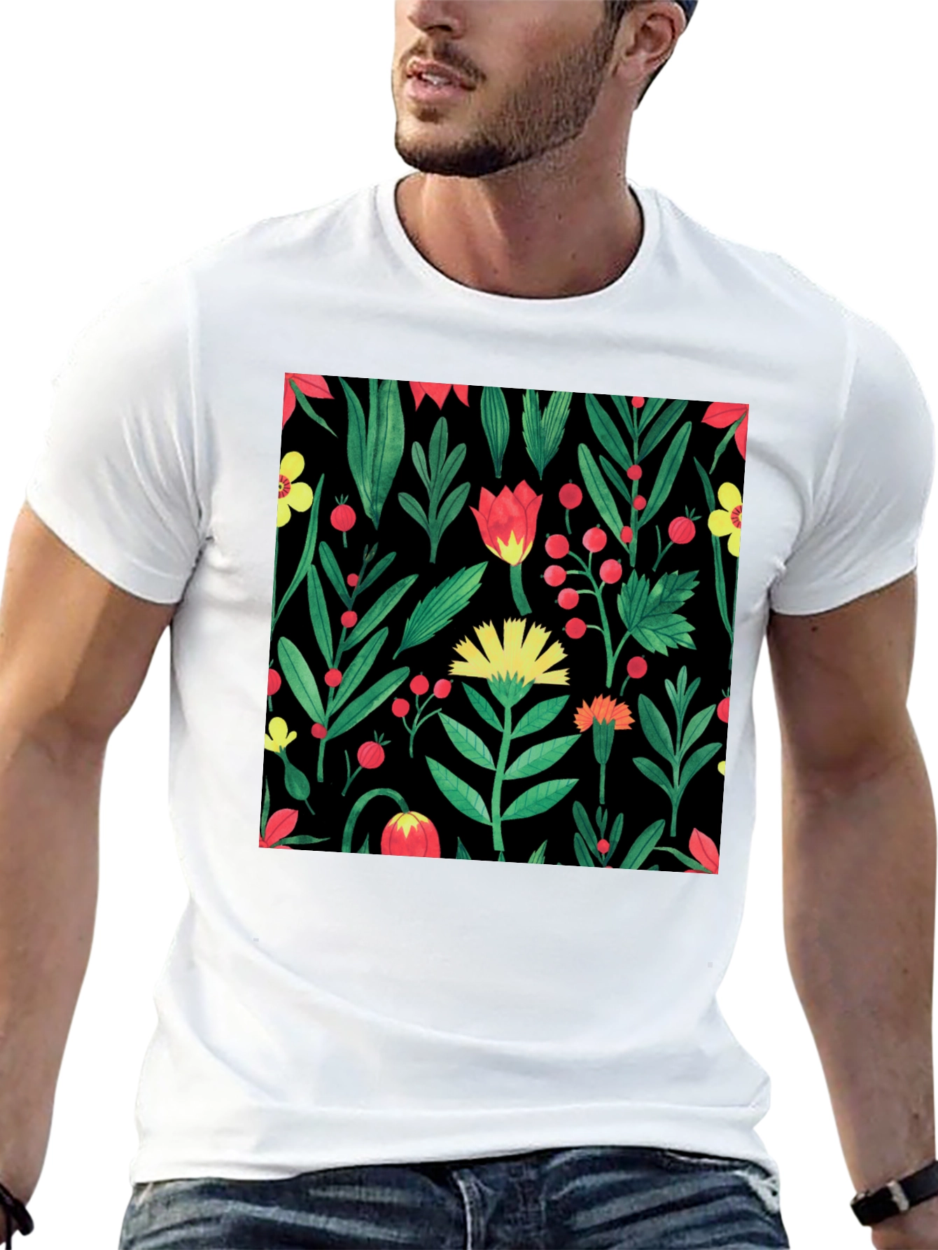 Floral Print Crew Neck T-Shirt - Black