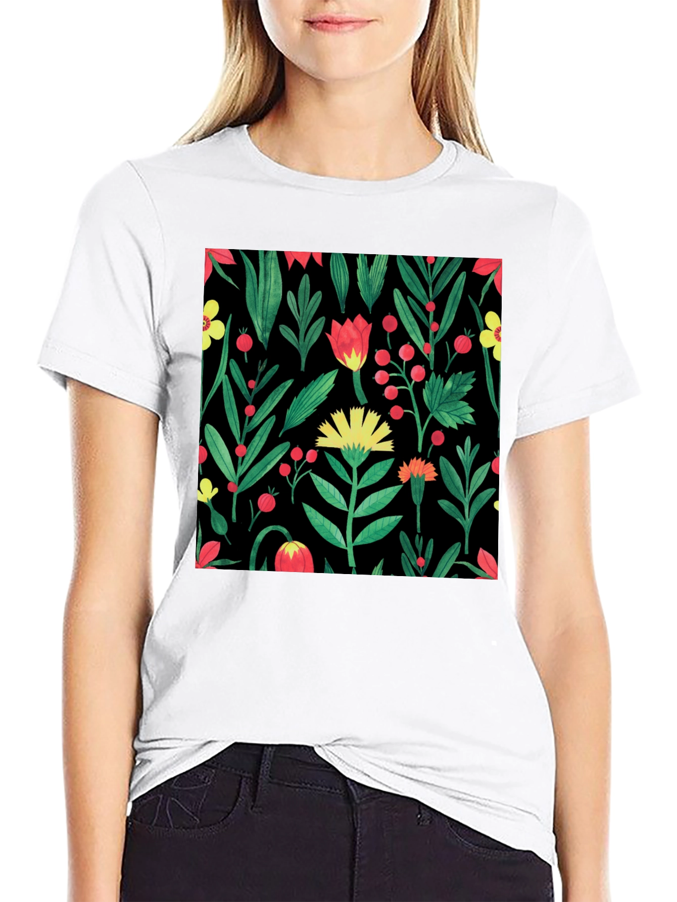 Floral Print Crew Neck T-Shirt - Black
