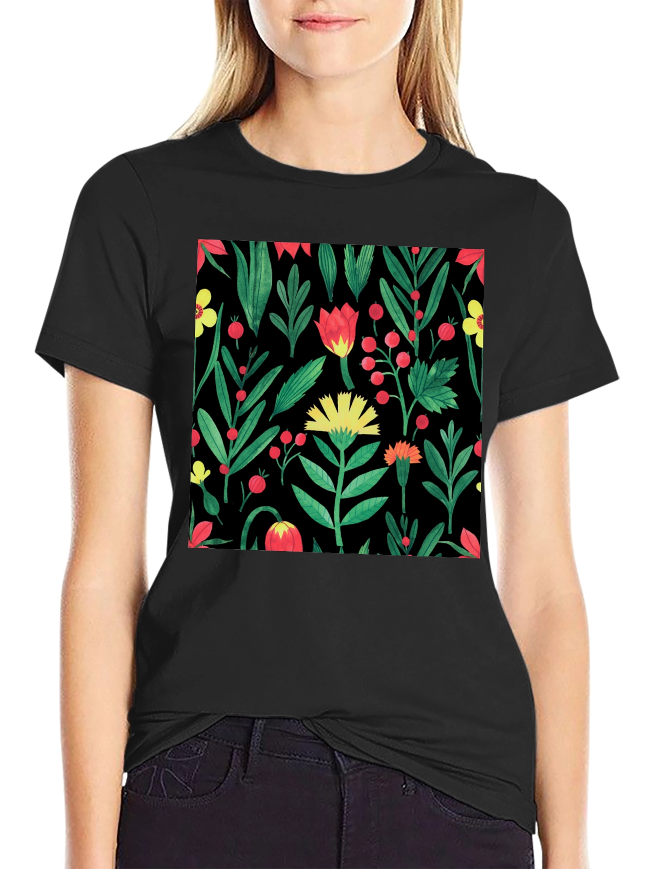 Floral Print Crew Neck T-Shirt - Black