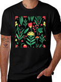 Floral Print Crew Neck T-Shirt - Black