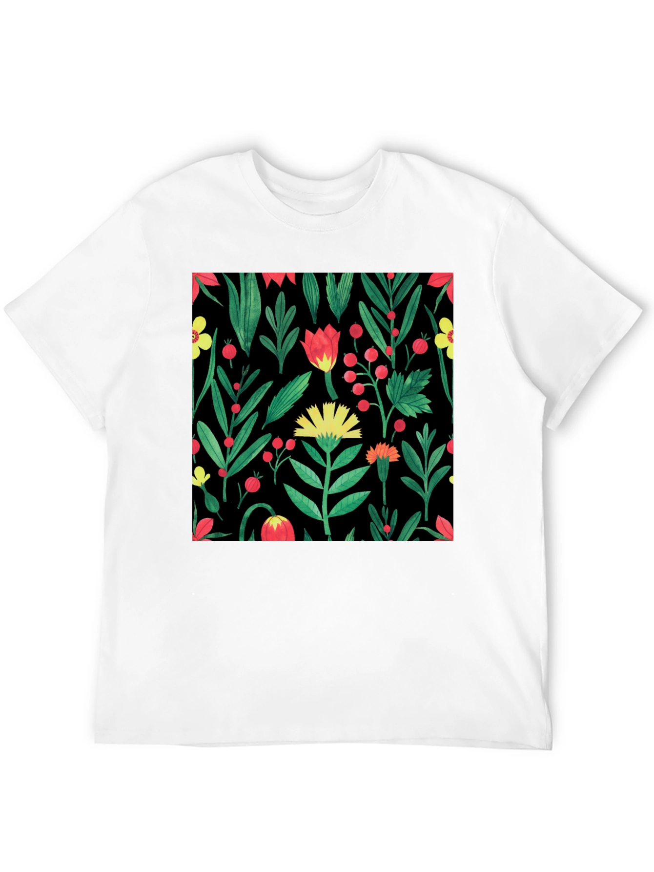 Floral Print Crew Neck T-Shirt - Black