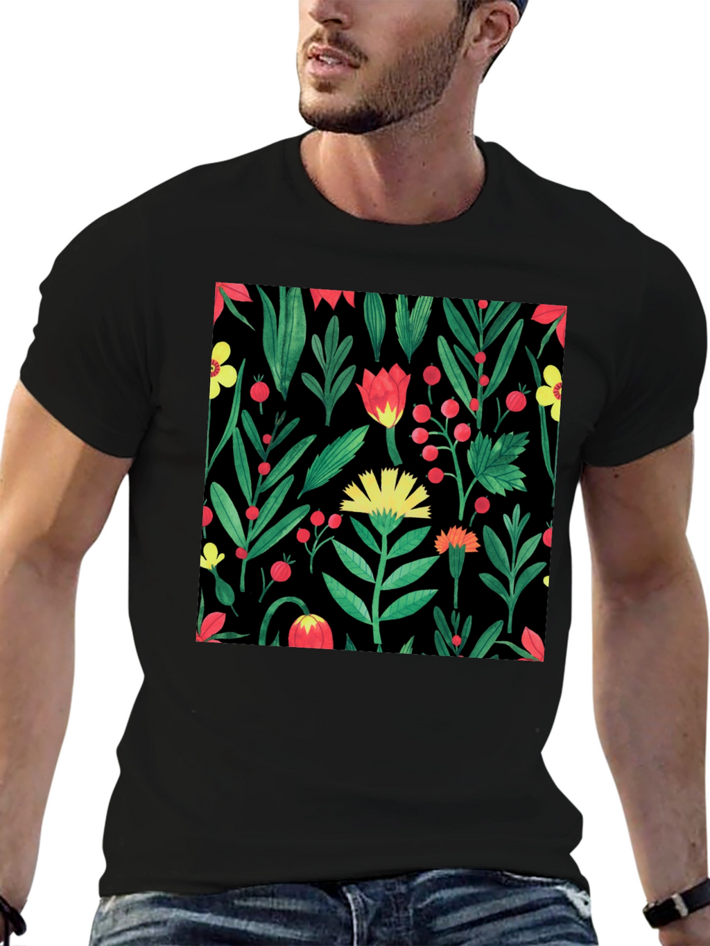 Floral Print Crew Neck T-Shirt - Black