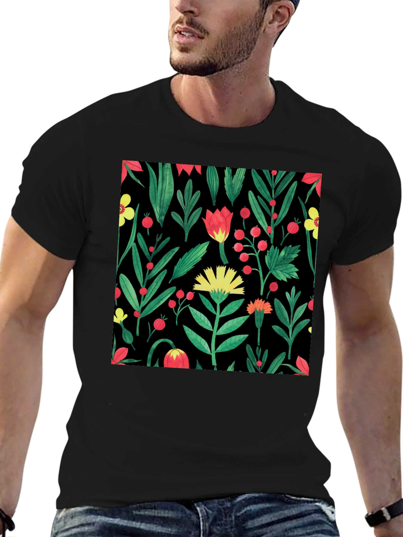Floral Print Crew Neck T-Shirt - Black