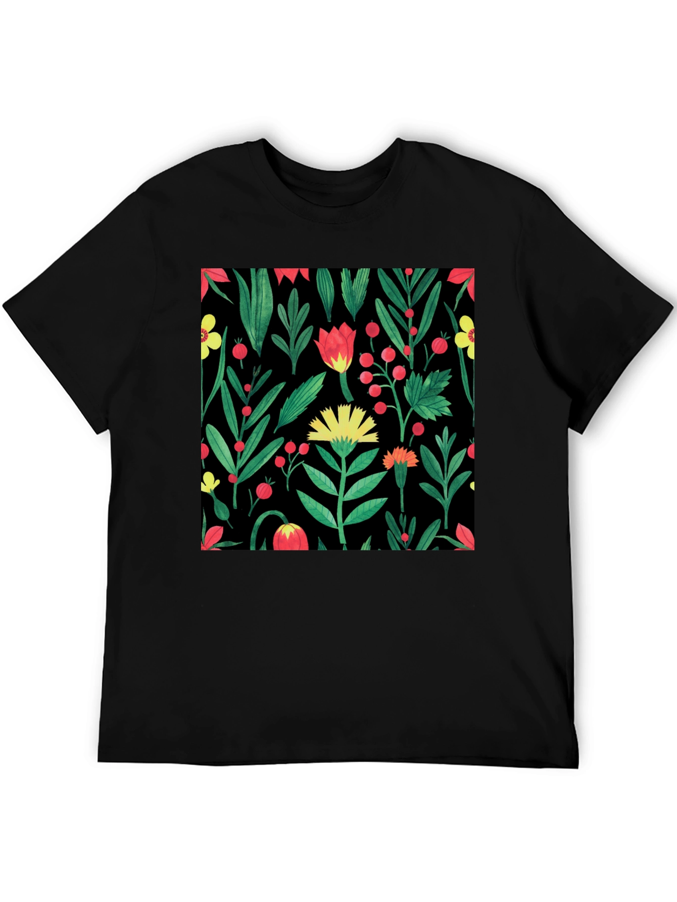 Floral Print Crew Neck T-Shirt - Black