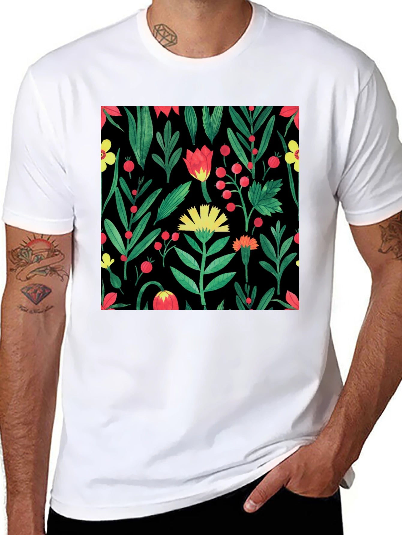 Floral Print Crew Neck T-Shirt - Black