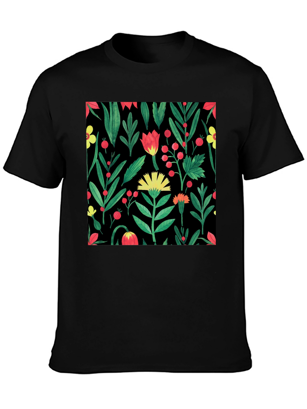 Floral Print Crew Neck T-Shirt - Black