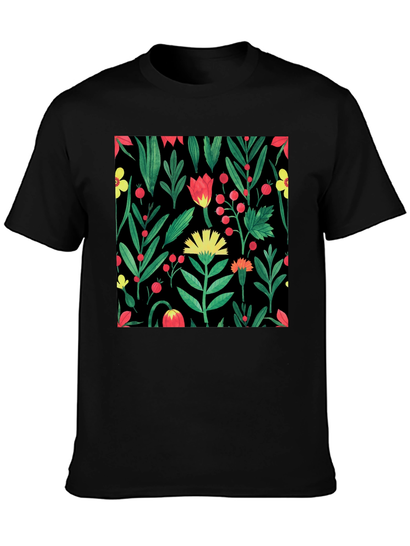 Floral Print Crew Neck T-Shirt - Black