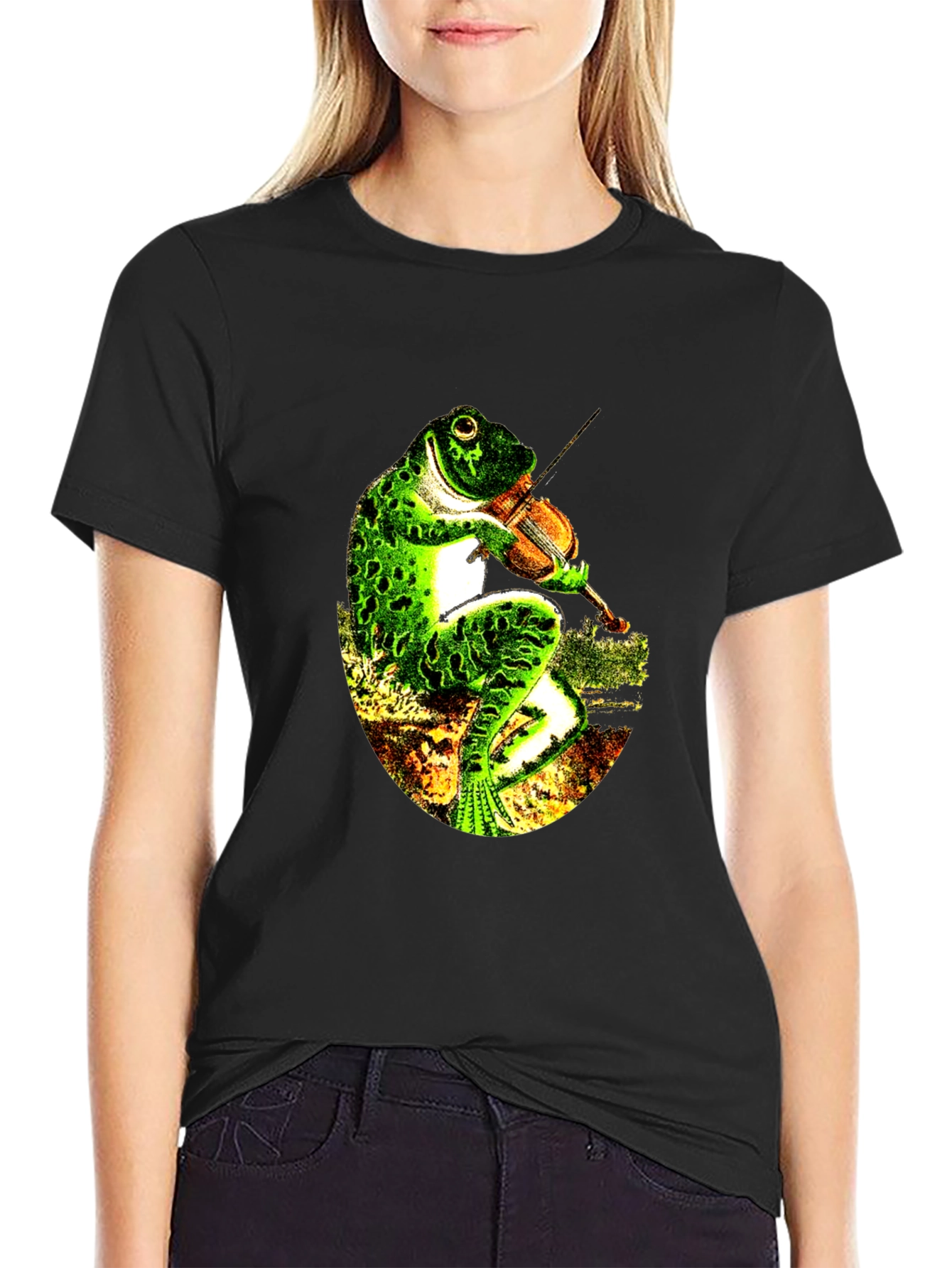 Frog Playing Violin Black T-Shirt