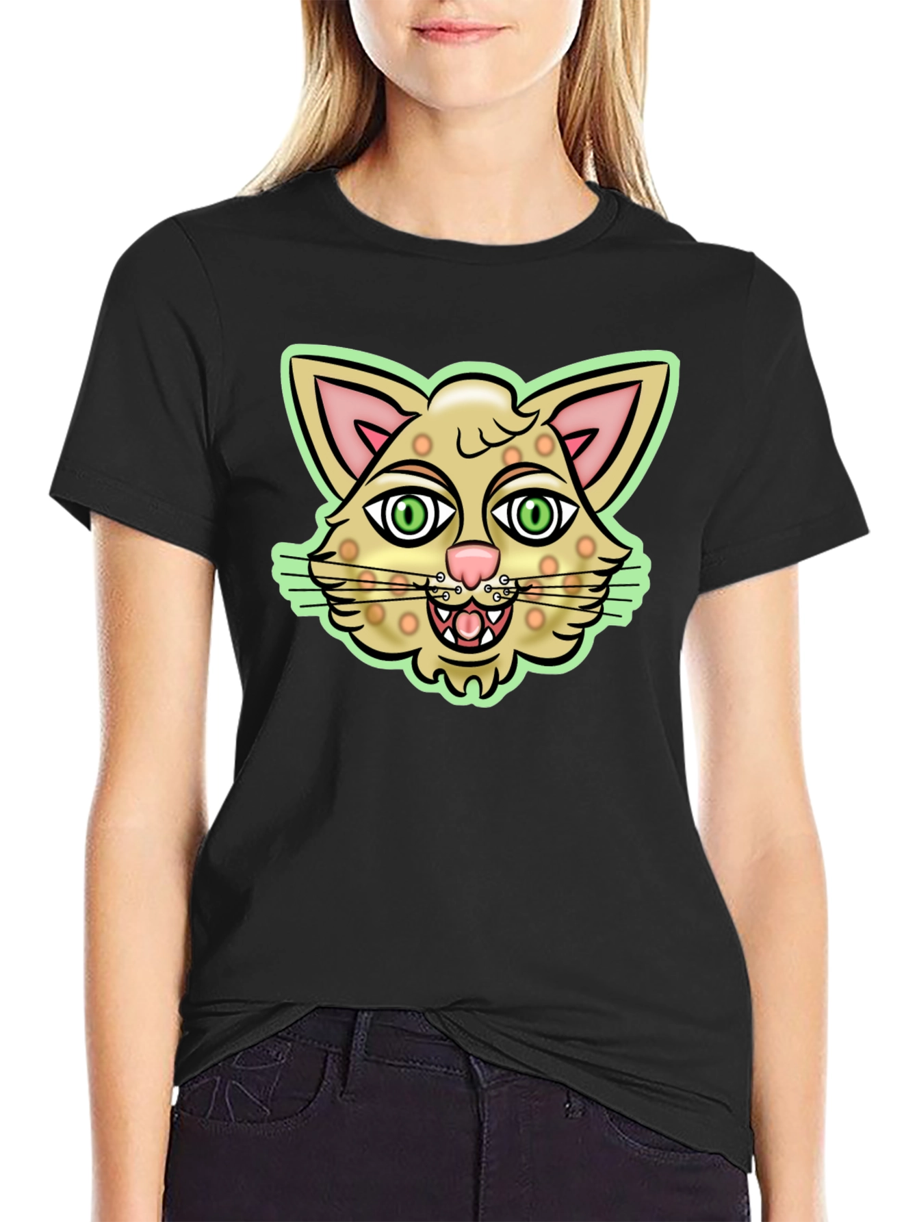 Cartoon Cat Graphic Black T-Shirt