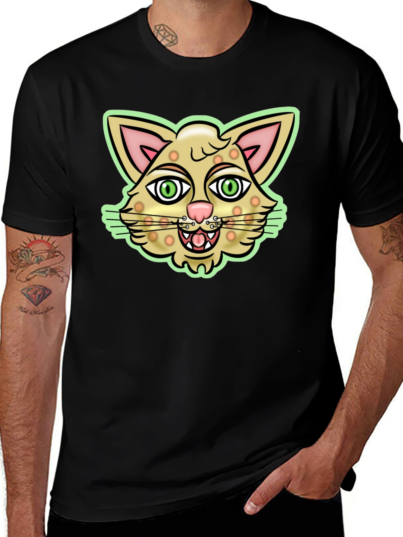 Cartoon Cat Graphic Black T-Shirt