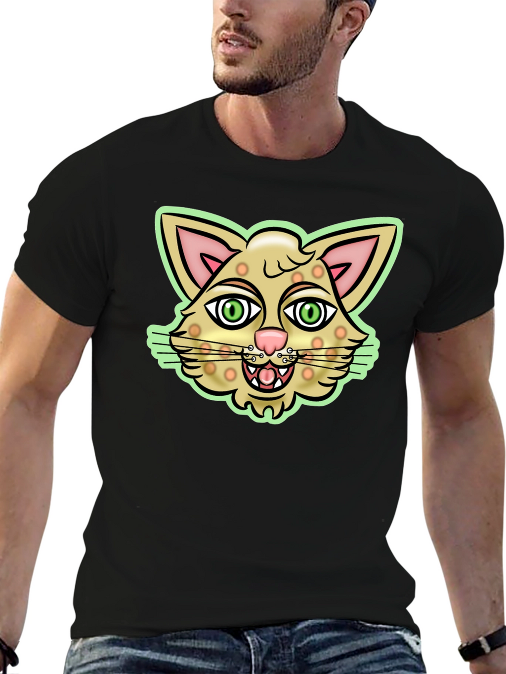 Cartoon Cat Graphic Black T-Shirt