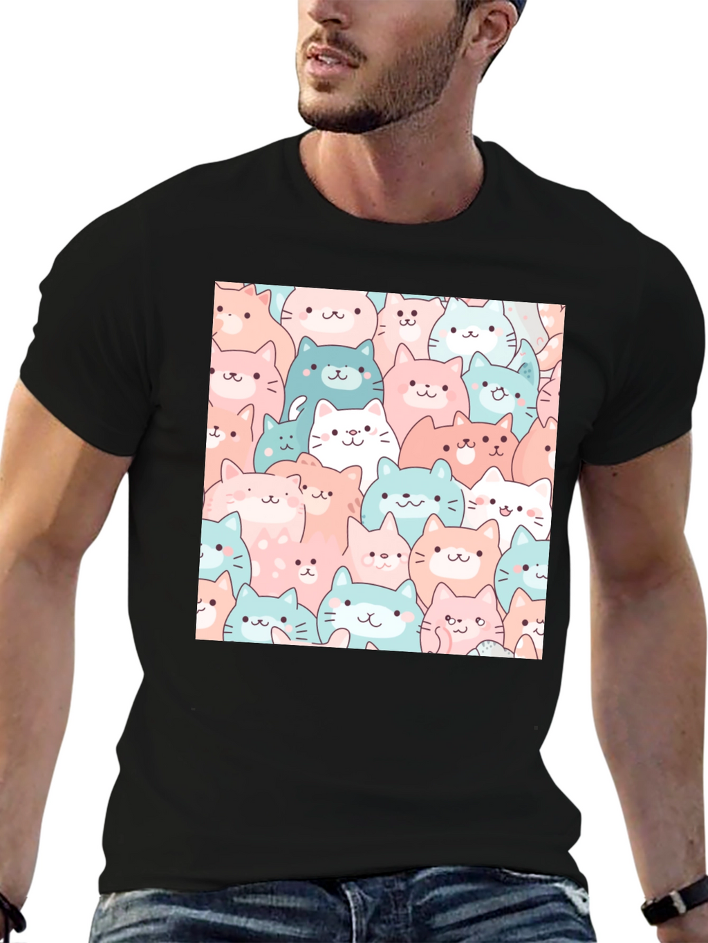 Cute Cats Pattern Black T-Shirt
