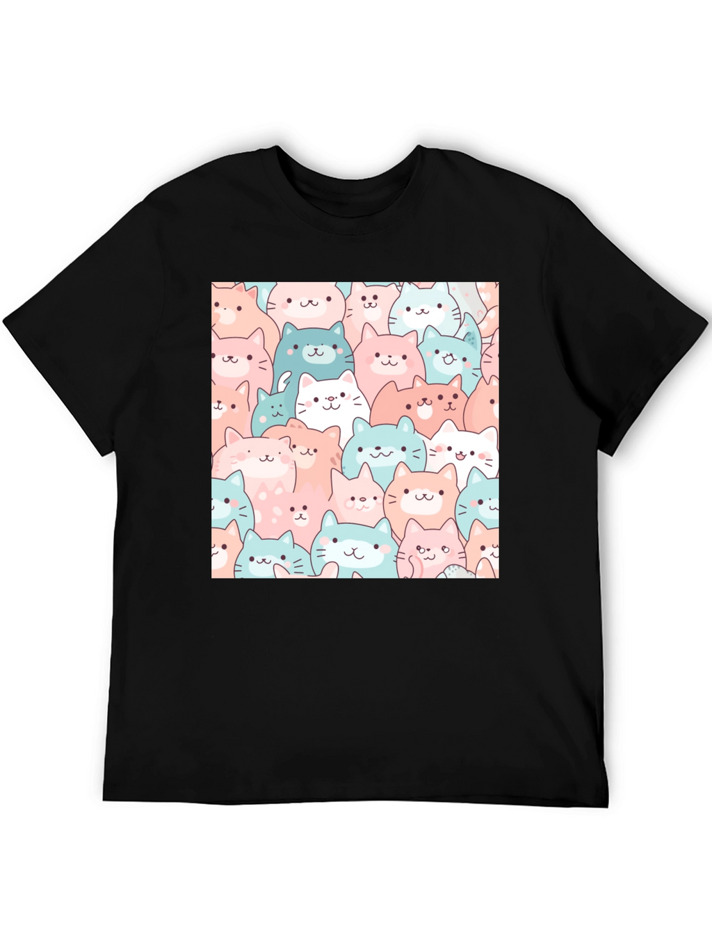 Cute Cats Pattern Black T-Shirt