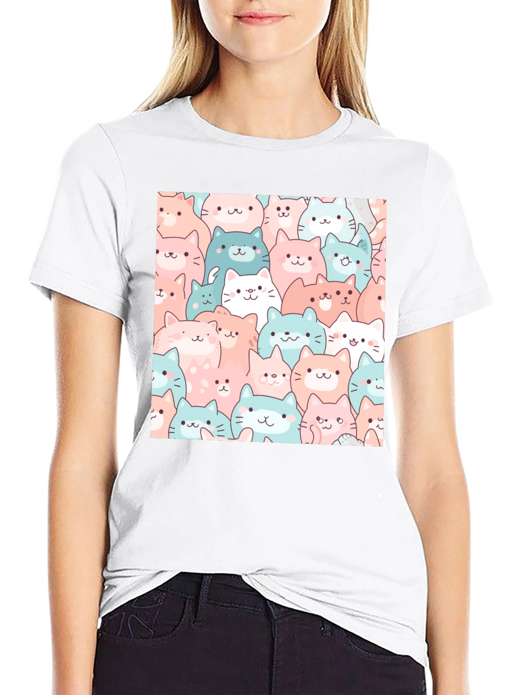 Cute Cats Pattern Black T-Shirt