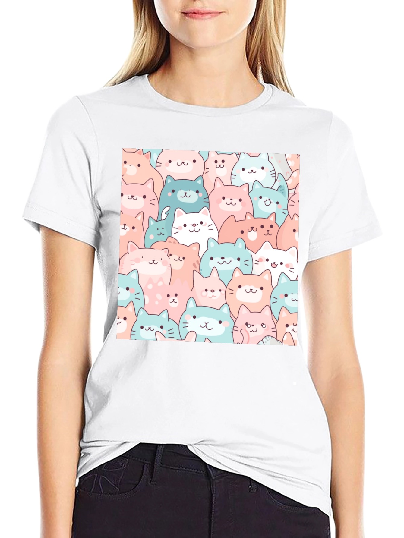 Cute Cats Pattern Black T-Shirt