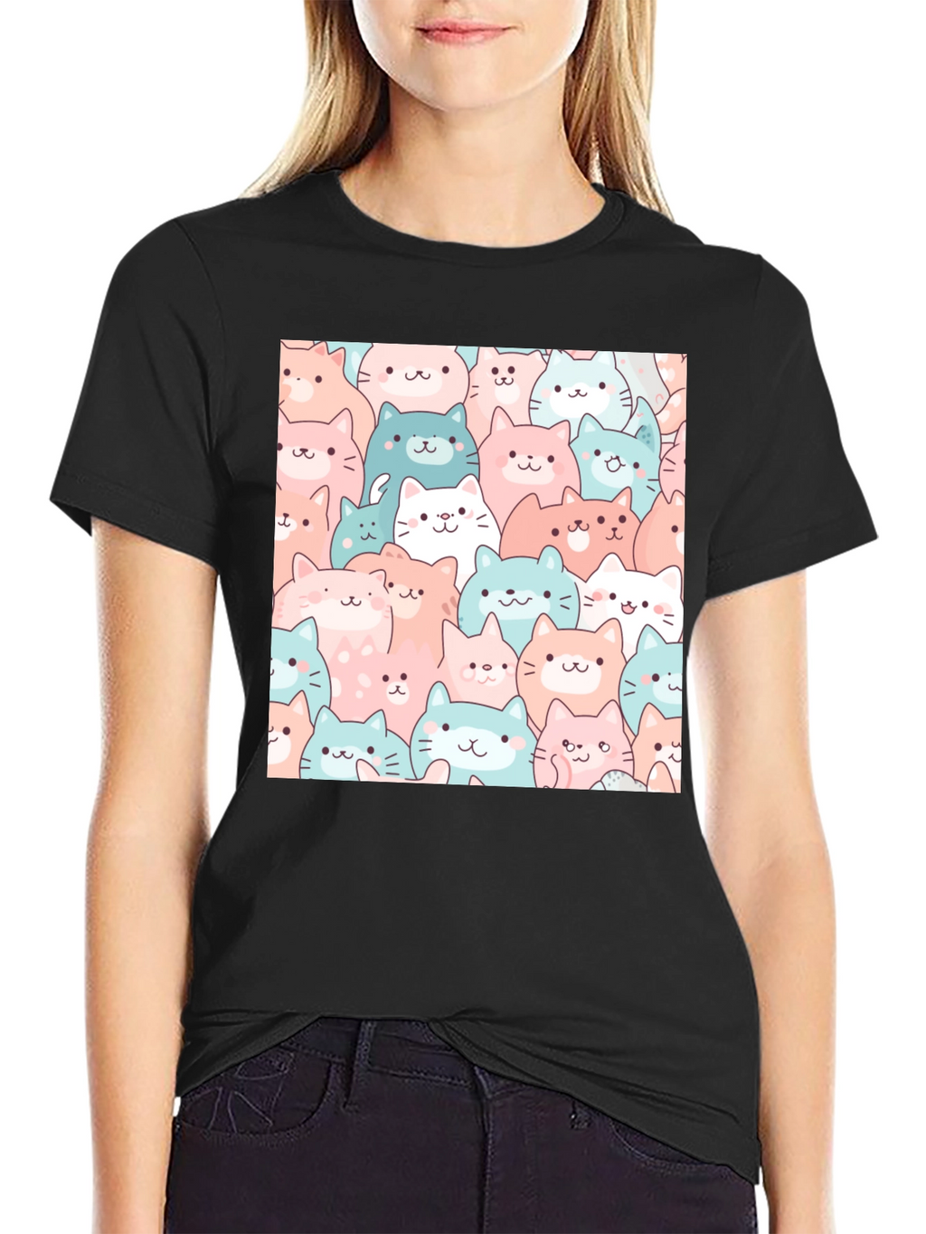 Cute Cats Pattern Black T-Shirt