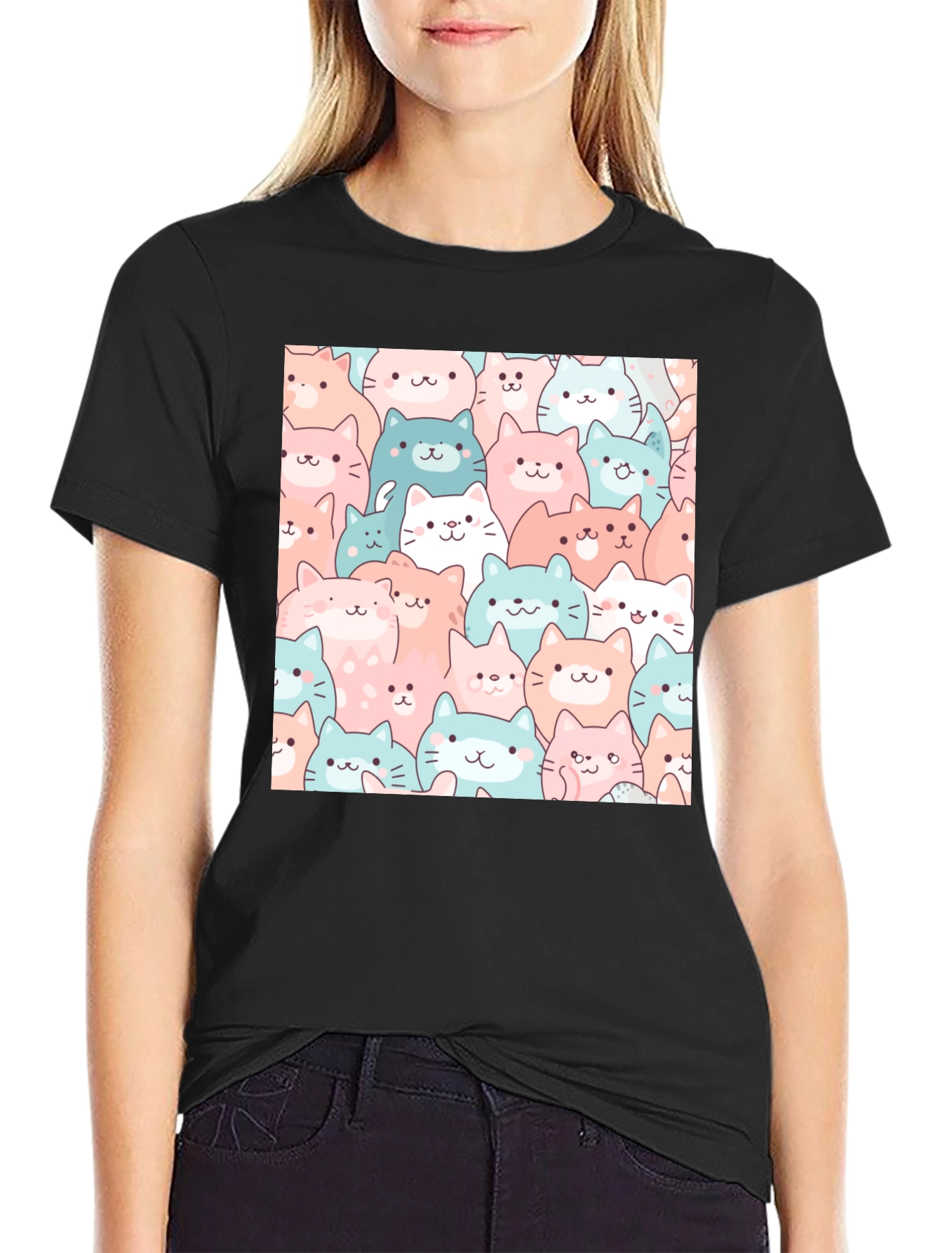 Cute Cats Pattern Black T-Shirt