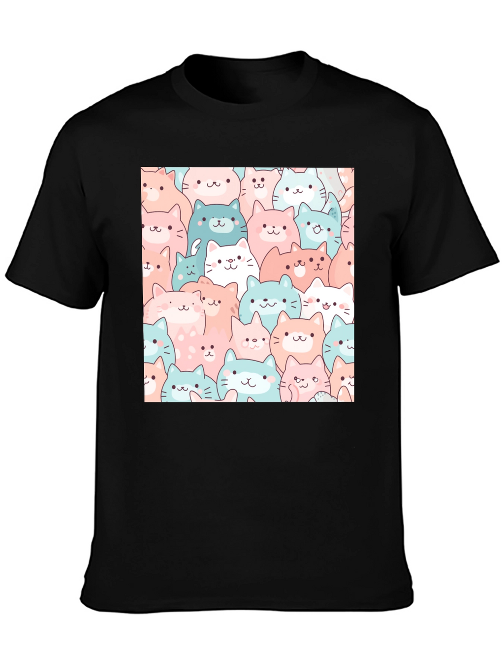 Cute Cats Pattern Black T-Shirt