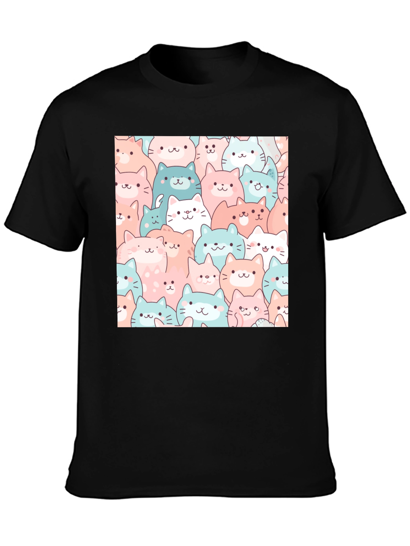 Cute Cats Pattern Black T-Shirt