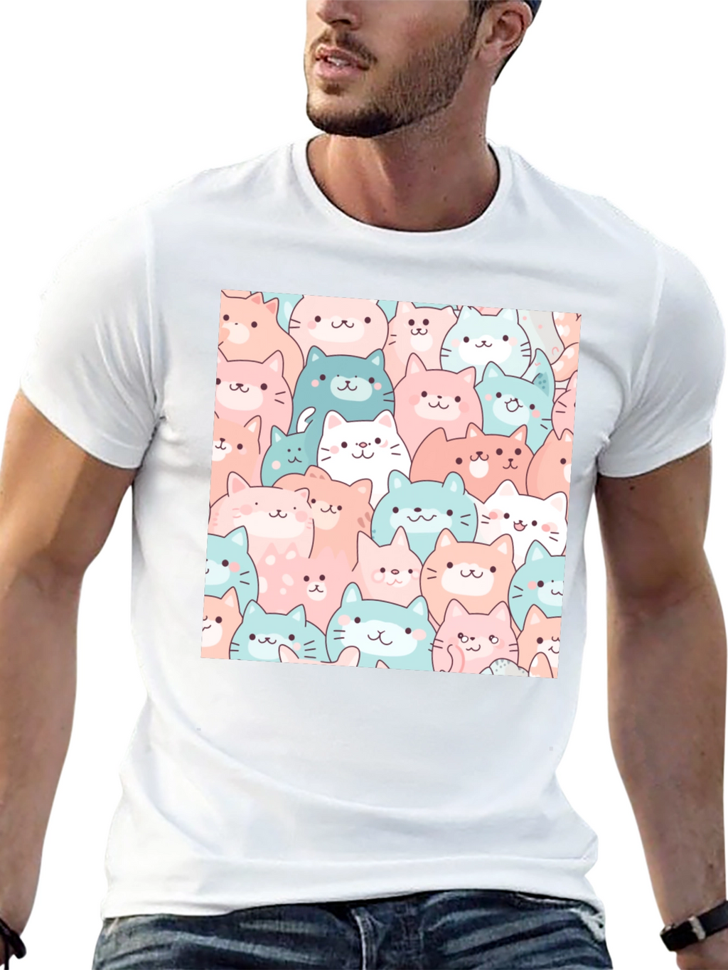 Cute Cats Pattern Black T-Shirt