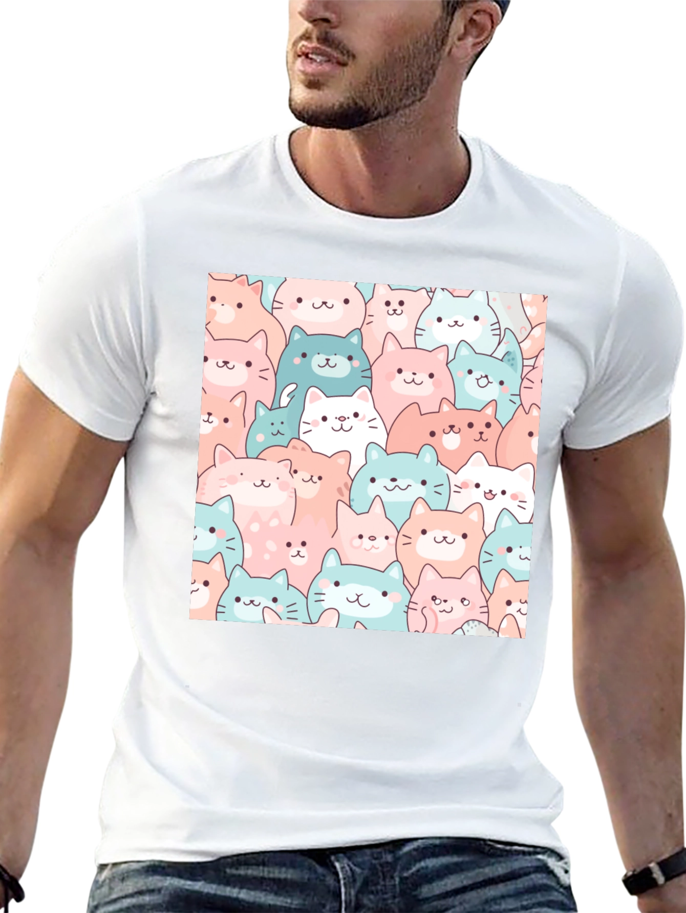 Cute Cats Pattern Black T-Shirt