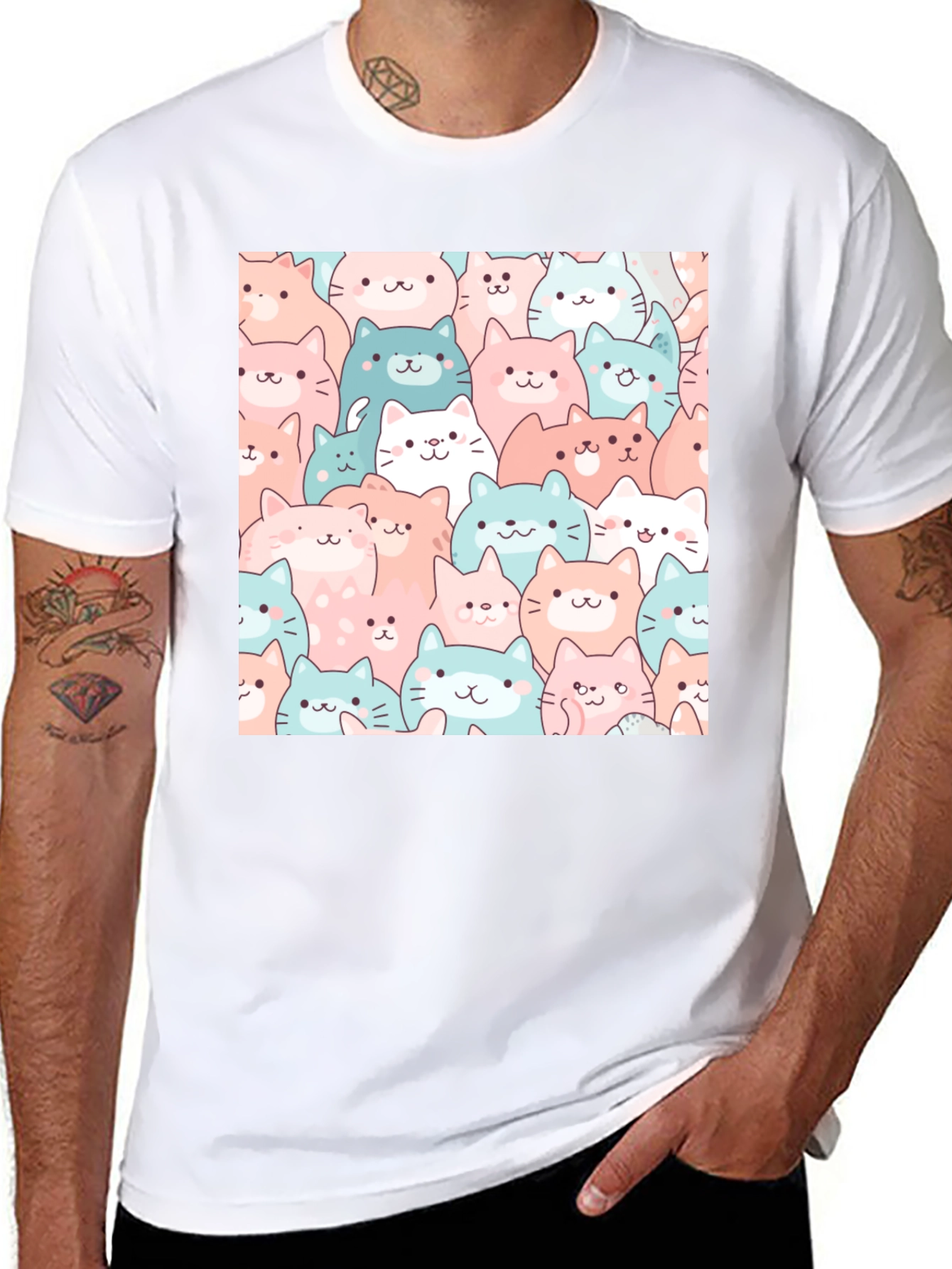 Cute Cats Pattern Black T-Shirt