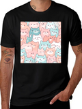 Cute Cats Pattern Black T-Shirt