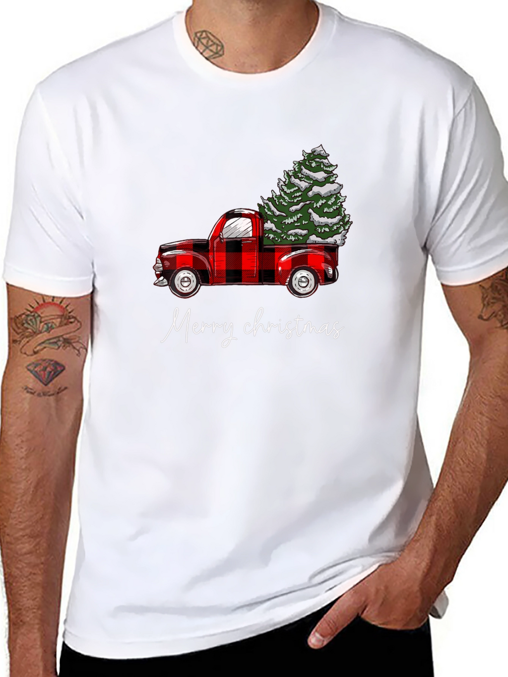 Merry Christmas Red Truck Tree Graphic Tee