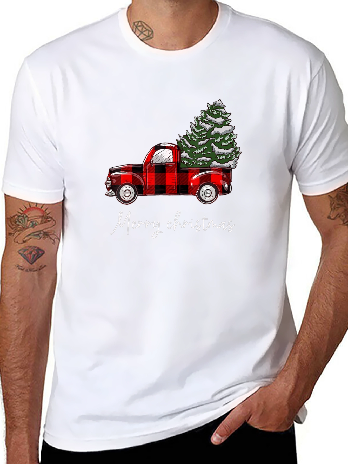 Merry Christmas Red Truck Tree Graphic Tee