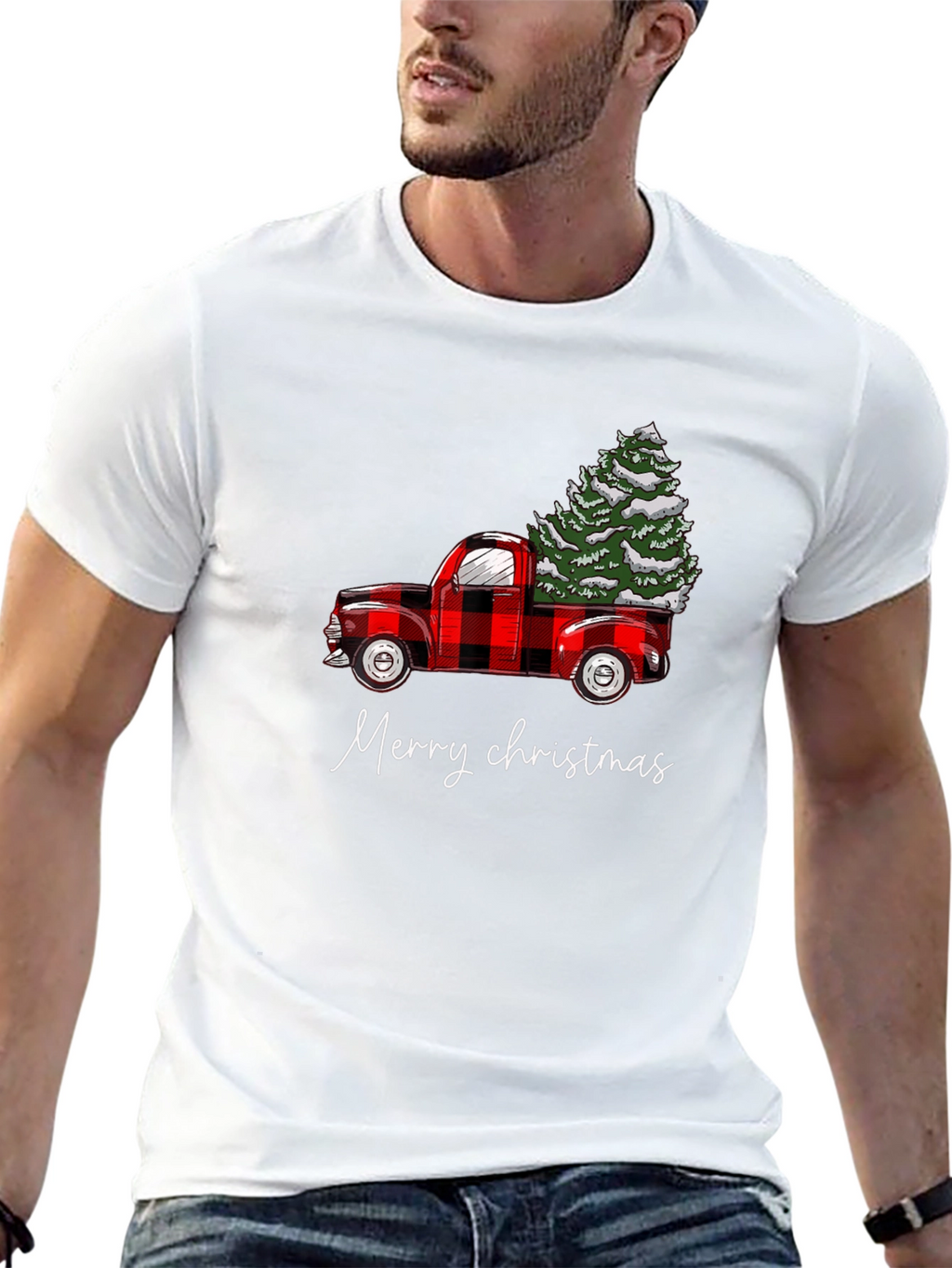 Merry Christmas Red Truck Tree Graphic Tee